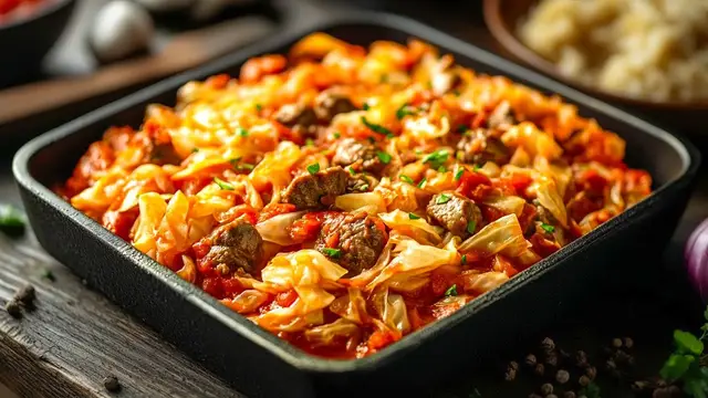 Нежное и сочное тушёное мясо с капустой под сметанно-аджичным соусом