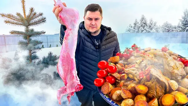 Вкусный кролик в казане с жареным молодым картофелем!