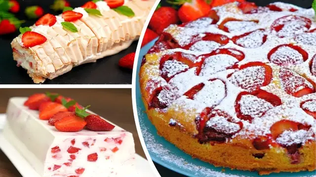 Клубничный пирог, меренговый рулет, клубничный десерт без выпечки