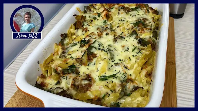 Запеканка из макарон в духовке с грибами и сыром