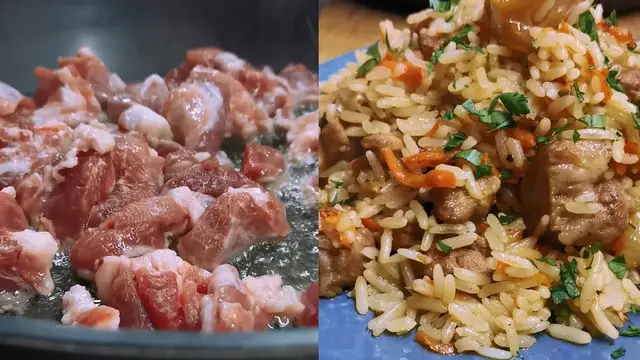 Рис с мясом на сковороде 