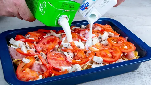 Макароны с курицей и овощами в духовке 