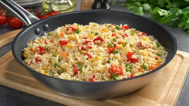 Рис с овощами на сковородке 