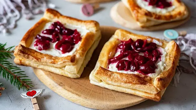 Слойки с творожным сыром и вишней 