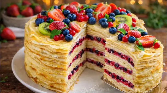 Блинный торт с потрясающим кремом и ягодами 