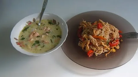 Жареная лапша и рыбный суп