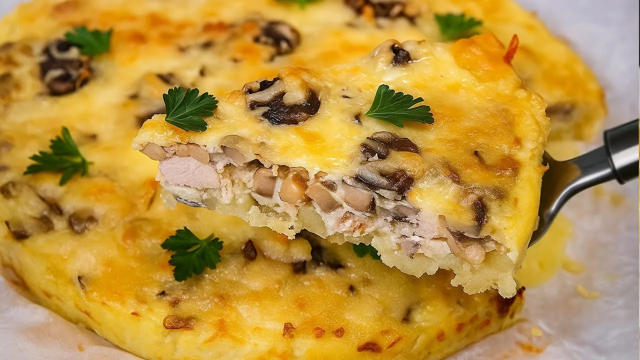 Картофельный пирог с курицей и грибами