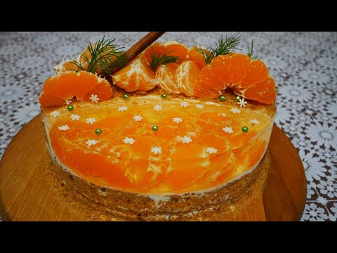 Торт Медовик с желе и мандаринами
