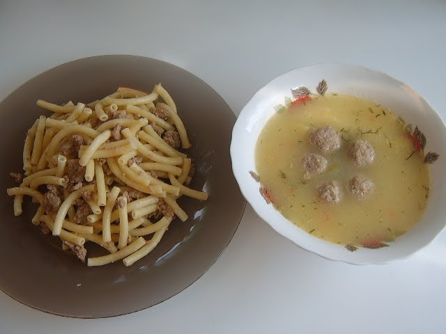 Суп и макароны с фаршем на обед