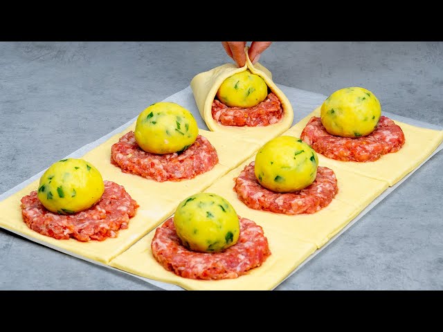 Слоёные пирожки с мясом, картофелем и сыром