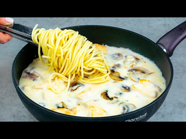 Спагетти с курицей и грибами в сливочном соусе