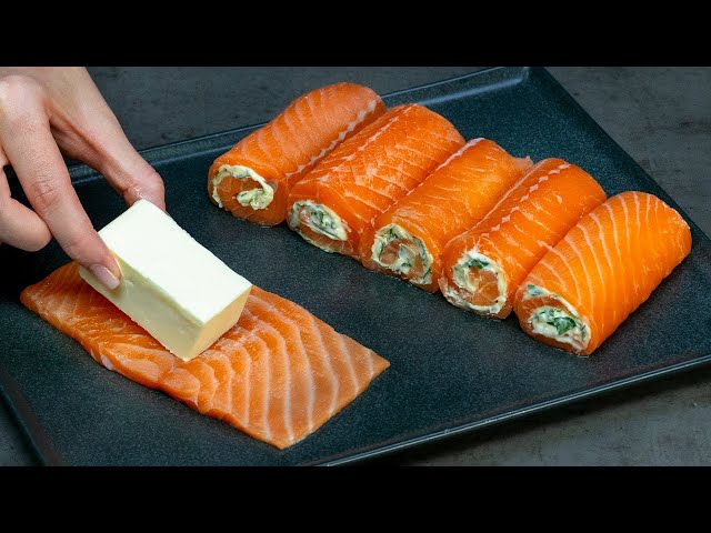 Рулетики из лосося с грибной начинкой и сливочным ризотто